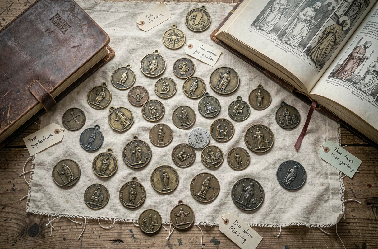 Vue aérienne d'une collection de médailles religieuses anciennes et insignes de pèlerins disposés sur du lin crème avec des étiquettes manuscrites