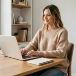 Femme travaillant depuis chez elle sur un ordinateur portable dans un bureau à domicile chaleureux et organisé