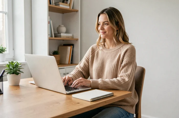 Femme travaillant depuis chez elle sur un ordinateur portable dans un bureau à domicile chaleureux et organisé