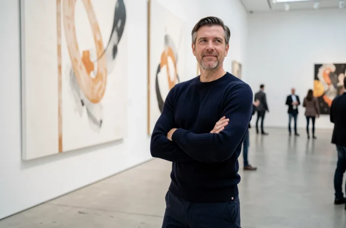 Visiteur contemplant une installation artistique contemporaine dans une galerie d'art moderne à Paris
