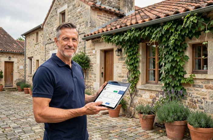 Gestionnaire de location saisonnière tenant une tablette avec tableau de bord de réservation devant un gîte en pierre rénové