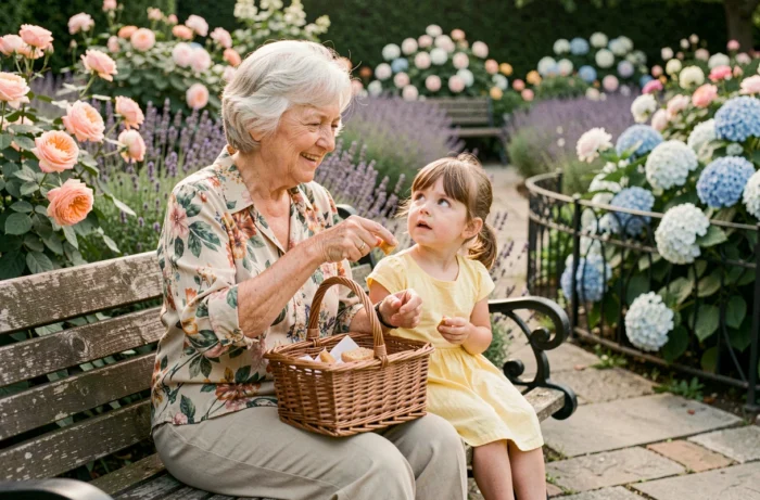 Grand-mère et petite-fille partageant un goûter sur un banc dans un jardin botanique fleuri