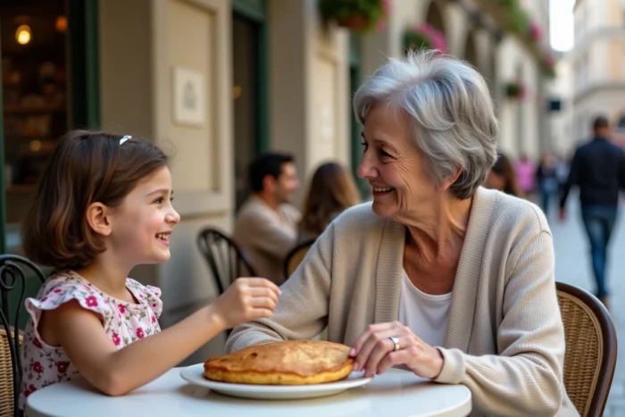 Grand-mère et petite-fille partageant une crêpe en terrasse place du Bouffay à Nantes
