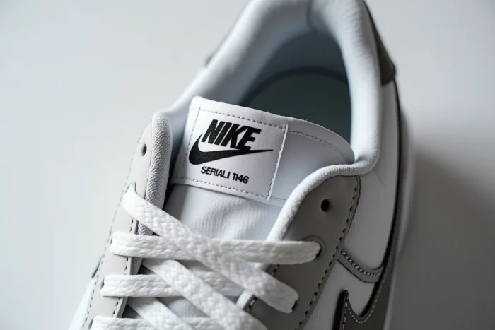 Gros plan sur l'étiquette intérieure d'une Nike avec numéro de série et code-barres pour authentification