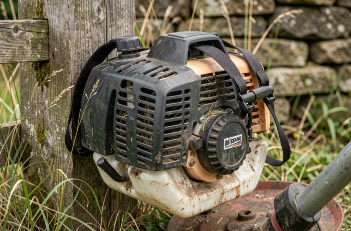 Gros plan sur le moteur thermique et les commandes d'une débroussailleuse professionnelle posée contre une clôture en bois