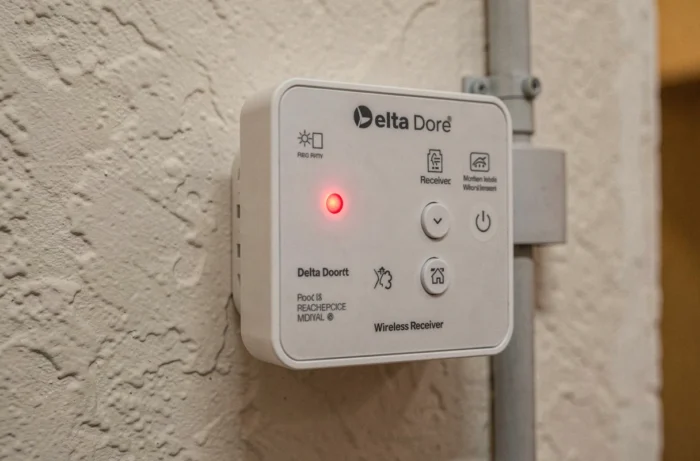 Gros plan sur le voyant rouge clignotant d'un appareil domotique Delta Dore monté au mur