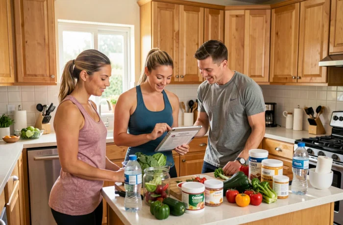 Groupe de sportifs préparant des repas équilibrés et planifiant leur programme fitness dans une cuisine moderne