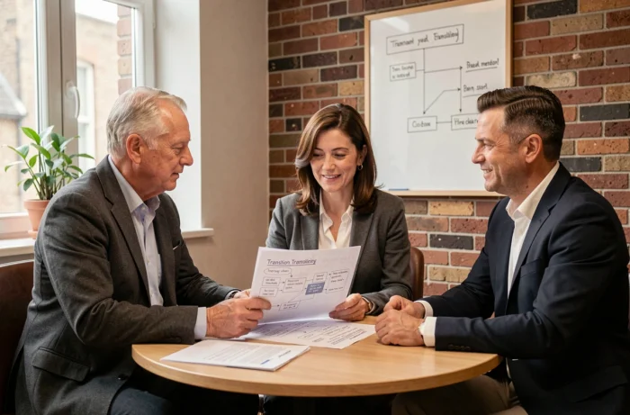 Consultant senior en transformation RH accompagnant deux dirigeants d'une PME ou ETI autour d'un plan de transition RH sur mesure dans une salle de réunion chaleureuse