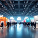 Vue panoramique de l'intérieur du hall d'exposition de Ker Expo lors d'un salon professionnel avec des stands colorés et des visiteurs