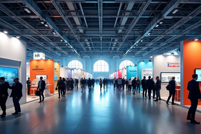 Vue panoramique de l'intérieur du hall d'exposition de Ker Expo lors d'un salon professionnel avec des stands colorés et des visiteurs