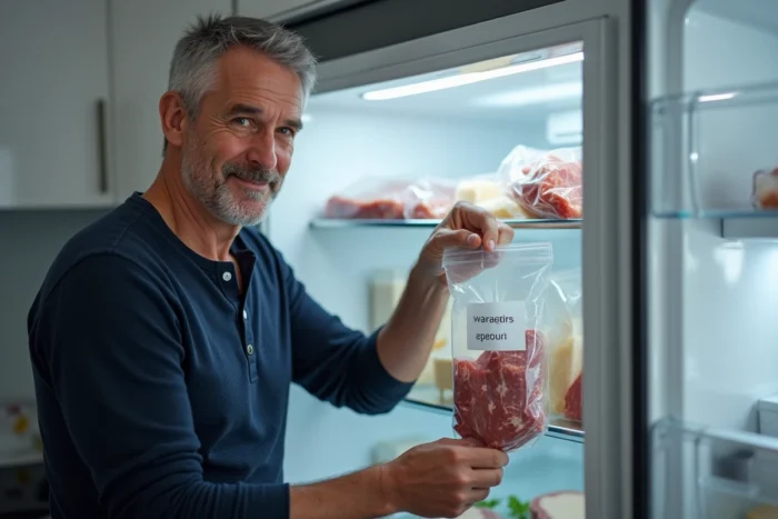 Homme inspectant des aliments conservés sous vide dans un réfrigérateur bien organisé