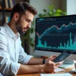 Homme analysant des graphiques boursiers sur deux écrans dans un bureau moderne avec des outils d'investissement