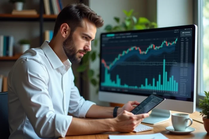 Homme analysant des graphiques boursiers sur deux écrans dans un bureau moderne avec des outils d'investissement