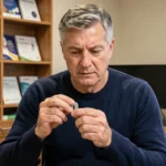 Homme d'âge mûr examinant un appareil auditif dans un cabinet d'audiologie, symbolisant les risques potentiels liés à Audistim