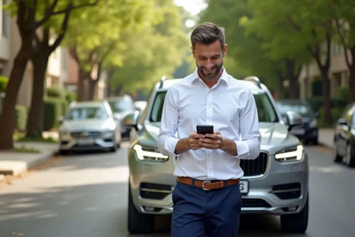 Homme debout à côté de son SUV dans une rue résidentielle, utilisant une application mobile pour gérer son assurance automobile