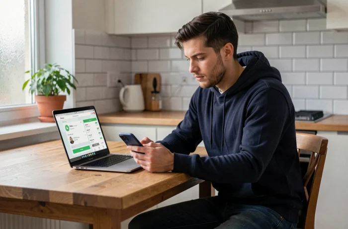 Homme consultant une application de suivi de colis sur smartphone pour trouver un point relais Vinted disponible