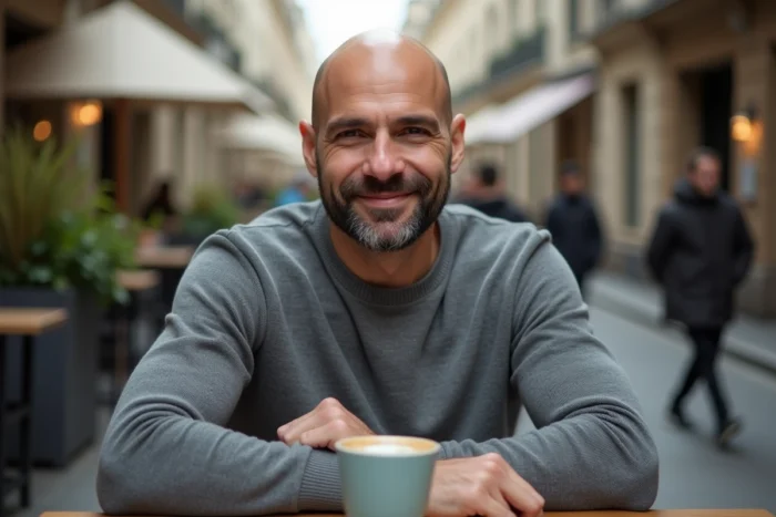 Homme chauve avec une barbe courte sculptée assis en terrasse de café, style urbain décontracté