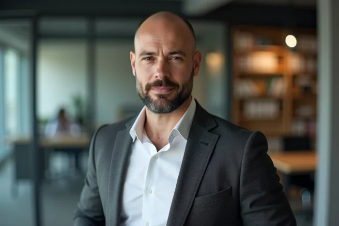 Homme chauve avec une barbe van dyke élégante en tenue professionnelle dans un bureau moderne