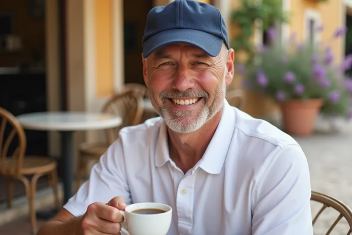 Homme chauve portant une casquette baseball bleu marine anti-UV en terrasse de café méditerranéen
