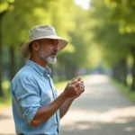 Homme chauve d'une quarantaine d'années essayant une casquette à large bord beige en coton dans un parc ensoleillé