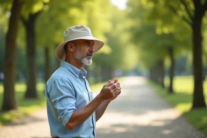 Homme chauve d'une quarantaine d'années essayant une casquette à large bord beige en coton dans un parc ensoleillé