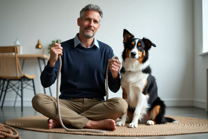 Homme comparant deux laisses de chien différentes assis au sol avec son border collie dans un appartement moderne
