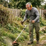 Homme utilisant une débroussailleuse thermique pour entretenir les bordures d'un jardin envahi par les herbes folles