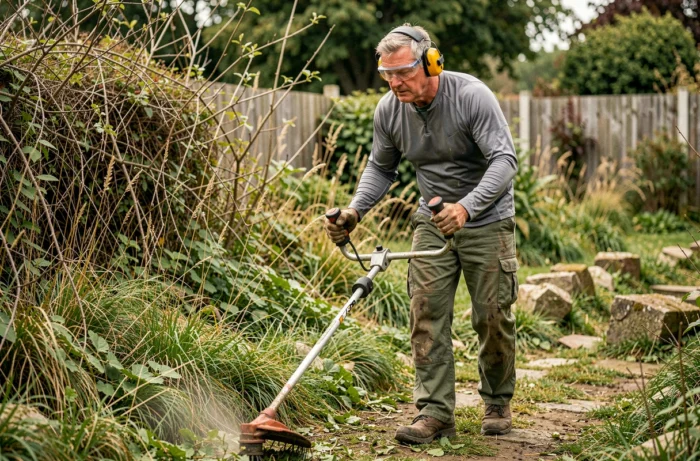 Homme utilisant une débroussailleuse thermique pour entretenir les bordures d'un jardin envahi par les herbes folles