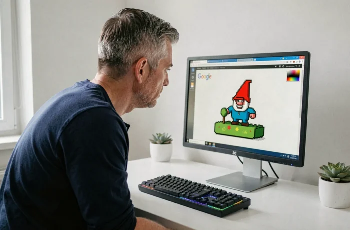 Homme concentré devant un écran d'ordinateur affichant le Google Doodle du nain de jardin dans un espace de travail minimaliste