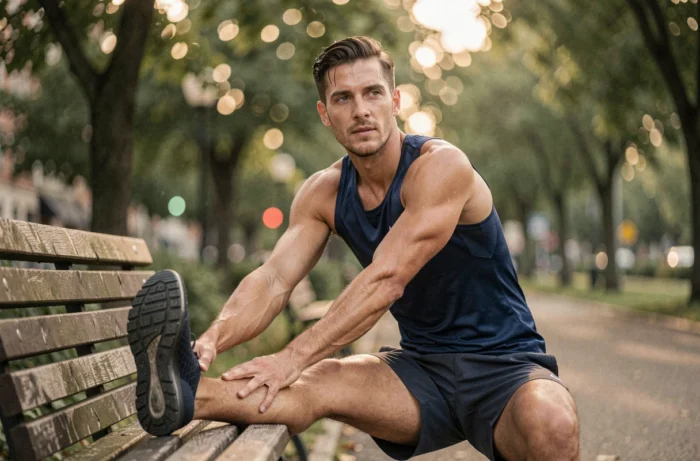 Homme s'étirant avant une séance de course à pied dans un parc urbain pour optimiser ses performances sportives