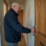 Homme examinant un verrou de porte d'entrée en bois, comparaison entre verrou à bouton et à clé pour la sécurité résidentielle