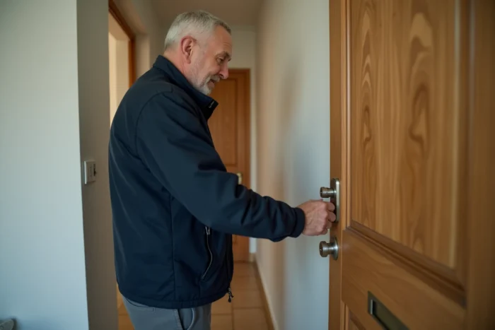 Homme examinant un verrou de porte d'entrée en bois, comparaison entre verrou à bouton et à clé pour la sécurité résidentielle