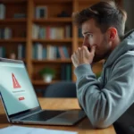 Homme frustré devant un message d'erreur de navigateur sur son ordinateur portable, illustrant un problème d'accès à un site web bloqué