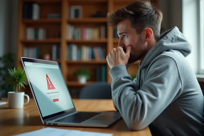 Homme frustré devant un message d'erreur de navigateur sur son ordinateur portable, illustrant un problème d'accès à un site web bloqué