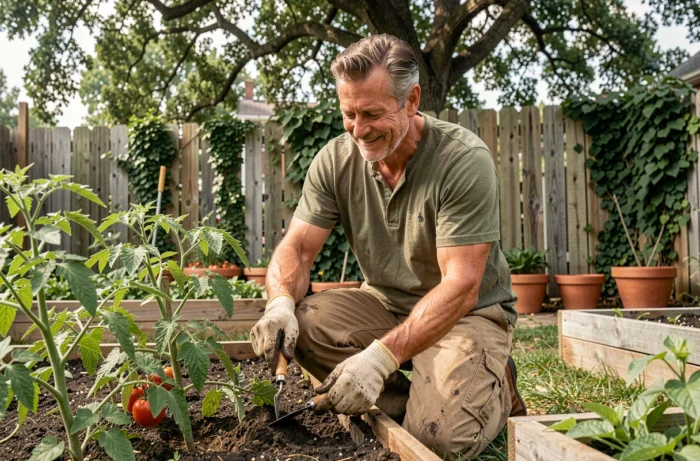 Homme jardinage dans un potager verdoyant, activité de loisir en plein air pour se ressourcer
