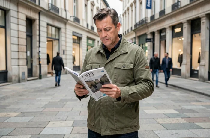 Homme lisant un magazine d'actualités en plein air dans une place urbaine animée
