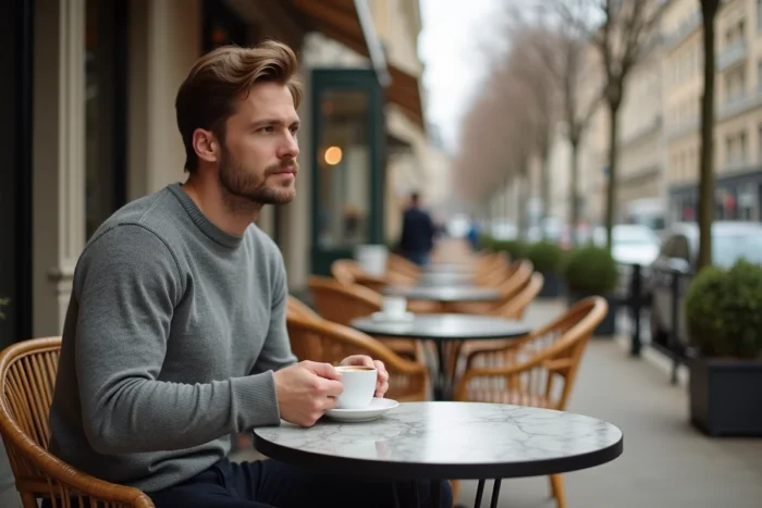 Homme pensif attablé en terrasse de café parisien, évoquant intimité et vie personnelle préservée