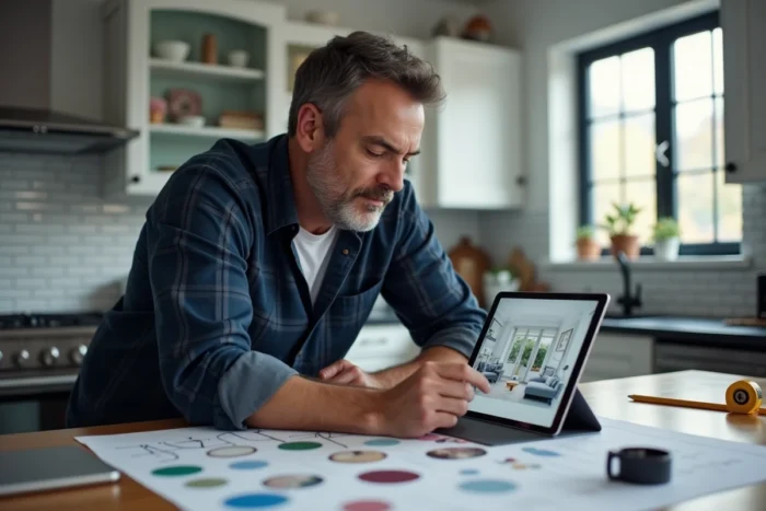 Homme consultant un logiciel de plan de maison 3D sur tablette posée sur une table de cuisine