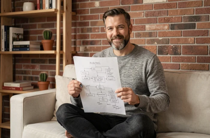 Homme consultant un plan de sitemap imprimé avec annotations dans un bureau à domicile