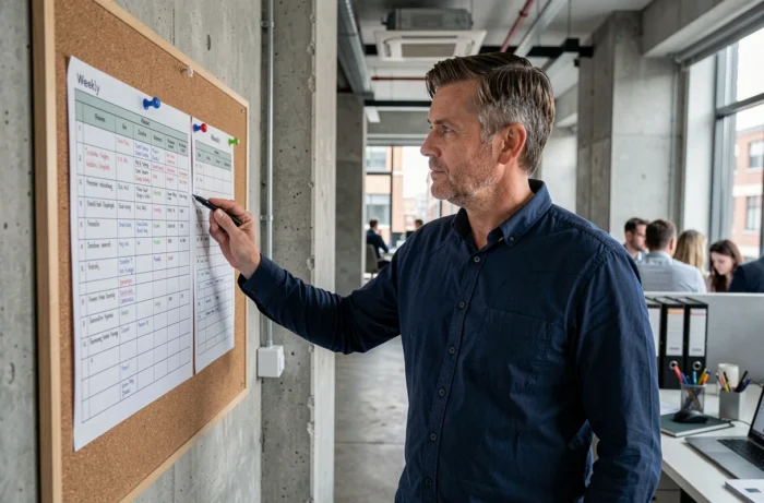 Homme d'affaires consultant un planning hebdomadaire affiché sur un tableau en liège dans un bureau moderne