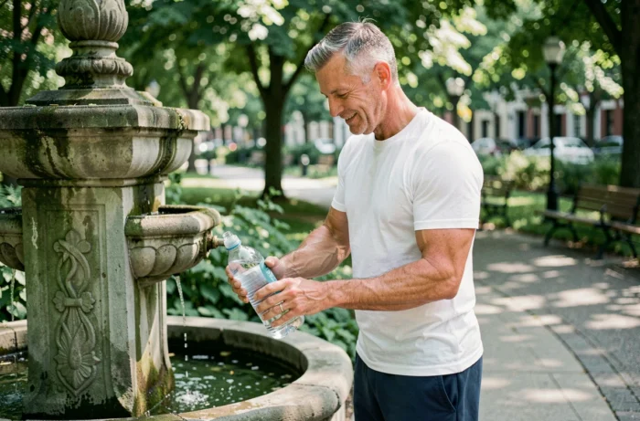Homme en bonne santé remplissant sa gourde dans un parc urbain, illustrant les bienfaits de la prévention santé au quotidien