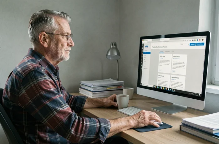 Homme senior utilisant un ordinateur de bureau pour explorer la structure du site Guide Seniors