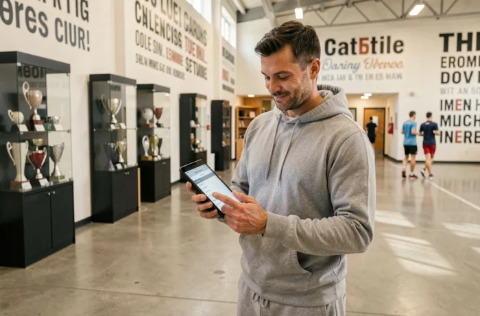 Homme consultant le plan de navigation d'un site sportif sur une tablette dans le hall d'un complexe sportif