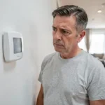 Homme examinant un thermostat Delta Dore avec voyant rouge clignotant dans un couloir moderne