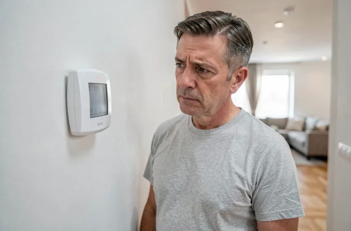 Homme examinant un thermostat Delta Dore avec voyant rouge clignotant dans un couloir moderne