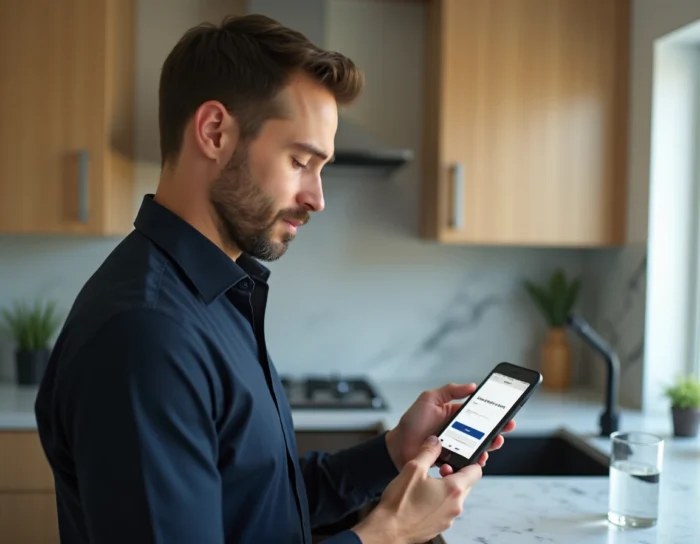 Homme consultant le formulaire d'inscription MyFoncia sur smartphone dans sa cuisine