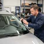 Technicien installant une caméra de tableau de bord sur le pare-brise d'un SUV dans un garage automobile professionnel