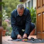 Serrurier professionnel installant une serrure haute sécurité sur une porte d'entrée en bois pour protéger une maison contre les cambriolages