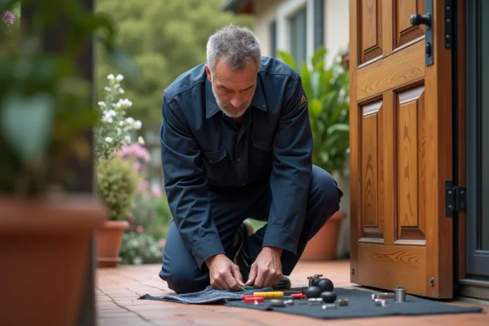 Serrurier professionnel installant une serrure haute sécurité sur une porte d'entrée en bois pour protéger une maison contre les cambriolages