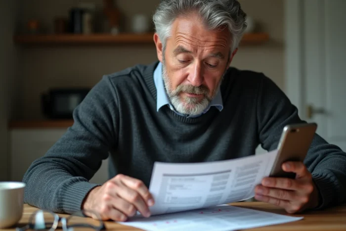 Investisseur expérimenté comparant rapport financier imprimé et application de suivi boursier sur smartphone